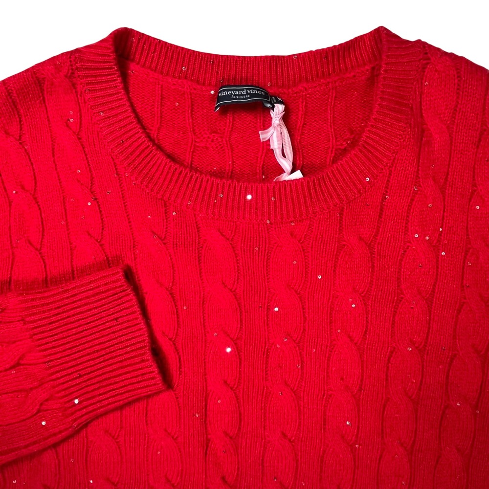 New Vineyard Vines Cashmere Blend Cable Crew Sweater Women XL Red Sequins NWT